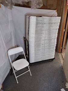 lot 41 image: (55) Stackable Folding Chairs, white seat and back on a white steel frame. 