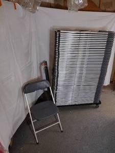 lot 22 image: (50) Stackable Folding Chairs, Gray seat and back on a silver steel frame. 
