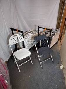 lot 60 image: Stackable Folding Chairs (17)White Fan-Back(Steel-Poly) (18)Gray seatback on a silver steel frame. 