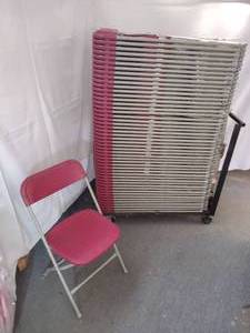lot 48 image: (49) Resilient Brand Stackable Folding Chairs, Maroon Poly seatback with sturdy gray metal frame.