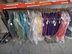 lot 117 image: (69) Cloth table covers Maroon, orange, red, purples, gold, yellow, cyan, aqua, sage green, dark green