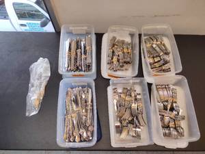 lot 124 image: Stainless Steel Flatware set serrated knives, teaspoons, dinnersalad forks. 2 serving pieces