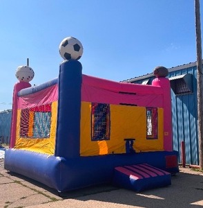 lot 20A image: Sports Bounce House Pink yellow blue Inflatable. 17 x 13 Blower included.
