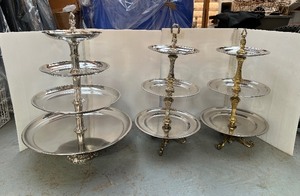 lot 95 image: (3) Tiered Polished Stainless Serving Stands with pedestal bases