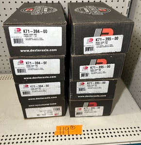 lot 119 image: Dexter Brake Shoe & Lining kits (4) K71-394-00 and (4) K71-395-00. All appear to be new.