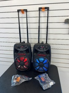 lot 18 image: (2) Portable Speaker MP3 Wireless Karaoke Trolley Bluetooth Speakers Battery Soundbox w2 microphones
