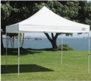 lot 72 image: (2) E-Z UP Collapsible canopy 10x10, The middle set of poles does not have a canvas top.