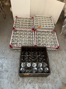 lot 185 image: Champagne and wine glasses, roughly 125 in total.  Gray Racks are Vollrath 52711 69.