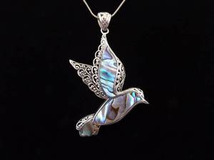 .925 Sterling Silver Inlayed Blue Abalone Hummingbird Pendant Necklace