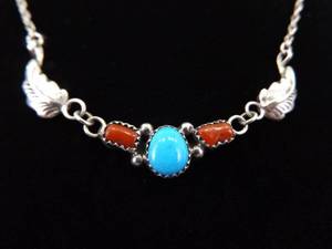 .925 Sterling Silver Southwest Native Coral Turquoise Feather Wings Pendant Necklace