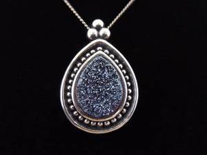 .925 Sterling Silver Blue Druzy Crystal Pendant Necklace