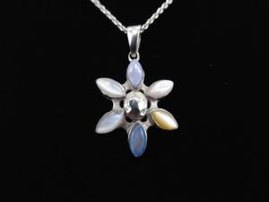 .925 Sterling Silver Multi Colored Mother of Pearl Flower Pendant Necklace