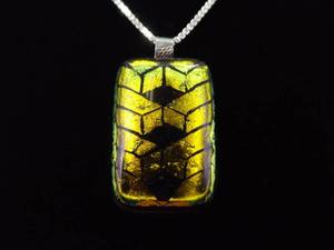 .925 Sterling Silver Gold Dichroic Glass Pendant LONG Necklace