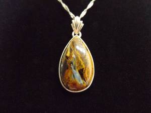 .925 Sterling Silver Pietersite Cabochon Pendant Necklace