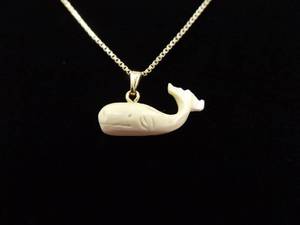 .925 Sterling Silver Carved Bone White Whale Vermeil Pendant Necklace