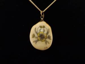 .925 Sterling Silver Carved Bone Signed Flower Vermeil Pendant Necklace