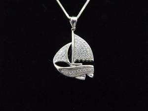 NEW .925 Sterling Silver Diamond Accented Sailboat Pendant Necklace
