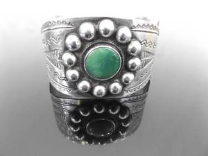 .925 Sterling Silver Damale Turquoise Cabochon Large Open Cuff Navajo Bracelet