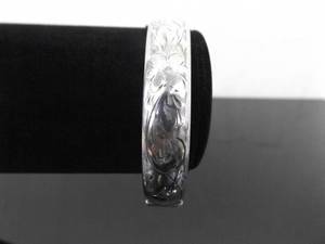 .925 Sterling Silver Etched Flower Design Hinged Locking Bangle Bracelet