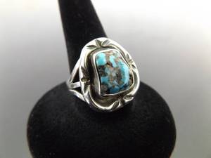 .925 Sterling Silver Raw Turquoise Navajo Ring Size 7.5