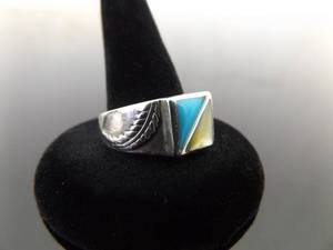 .925 Sterling Silver Turquoise and Mother of Pearl Navajo Ring Size 9.5