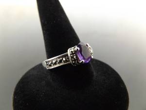 .925 Sterling Silver Art Nouveau Amethyst Crystal Ring Size 6.75