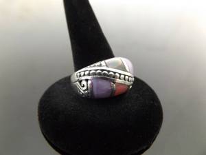 .925 Sterling Silver Inlayed Multi Colored Mother of Pearl Ring Size 8.5