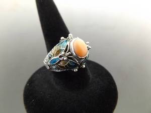.925 Sterling Silver Filigree Pink Coral Cabochon Butterfly Ring Size 5