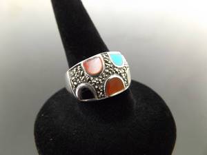 .925 Sterling Silver Art Nouveau Multi Colored Inlayed Stone Ring Size 7