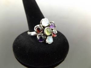 .925 Sterling Silver Multi Colored Stone Cabochon Flower Ring Size 8.75