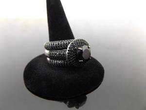 .925 Sterling Silver Black Crystal 3 Ring Engagement and Wedding Set Size 9