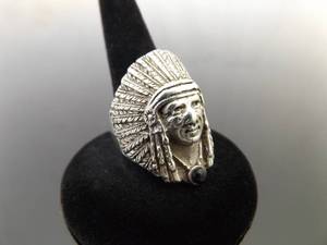 .925 Sterling Silver Native American Chief Black Onyx Cabochon Ring Size 8.5