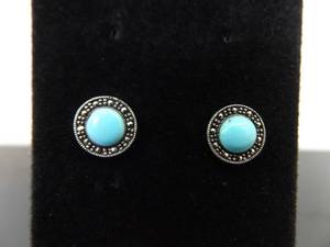 .925 Sterling Silver Art Nouveau Turquoise Cabochon Post Earrings