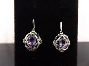 .925 Sterling Silver Oval Cut Amethyst Dangle Post Earrings