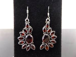 .925 Sterling Silver Signed Garnet Hook Earrings