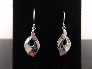 .925 Sterling Silver Inlayed Multi Colored Mother of Pearl Pedal Hook Earrings