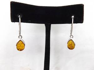 .925 Sterling Silver Amber Drop Hinged Hook Latch Earrings
