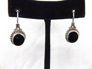 .925 Sterling Silver Inlayed Onyx Hook Latch Earrings