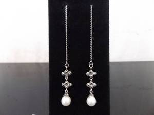 .925 Sterling Silver Art Nouveau Genuine Pearl Dangle Chain Post Earrings