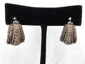 .925 Sterling Silver Art Nouveau Crystal Hoop Hook Snap Latch Earrings