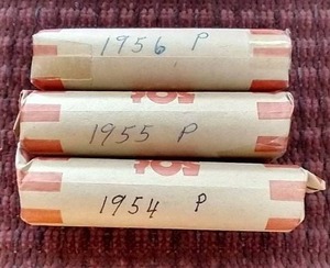 (3) Wheat Penny Rolls - 1954, 1955, 1956