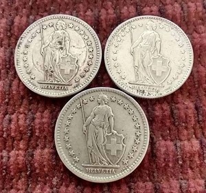 (3) Switzerland Silver 2 Franc Coins