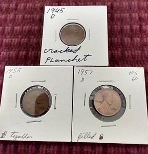 (3) Wheat Penny Die CrackError Coins