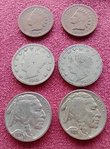 (6) Vintage U.S. Coins - Indian Pennies, V Nickels & Buffalo Nickels