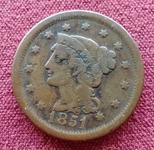 1851 Braided Hair Large Cent Coin