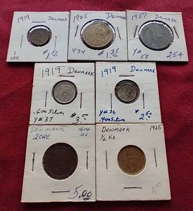(7) Vintage Denmark Coins - Some Silver