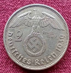 1939 Silver Third Reich 2 Reichsmark Coin