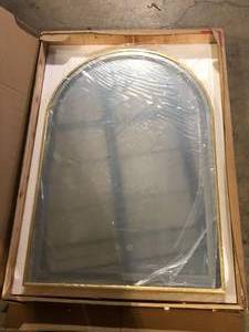 lot 42 image: 26 in. W x 38 in. H Arched Framed LED Dimmable Anti-Fog Bathroom Vanity Mirror in Gold Customer Returns See Pictures