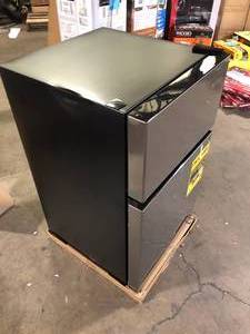 lot 19 image: Vissani 3.1 cu. ft. 2-Door Mini Refrigerator in Stainless Steel with Freezer Slight Dent   Customer Returns See Pictures