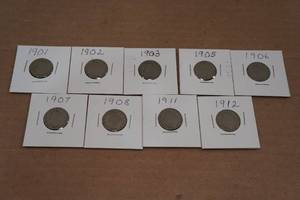 lot 248 image: 9 1901-1912 Liberty Nickel Coins